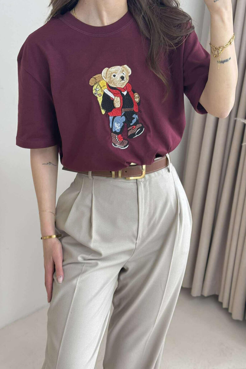 ROUND NECK FRONT BEAR IMAGE WOMEN T-SHIRT BURGUNDY/VISHNJE - 4