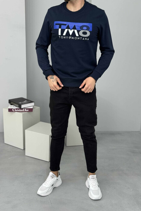 ROUND NECK FRONT DESIGN MEN SWEATSHIRT DARK BLUE/BEE - KLAUDIO FASHION