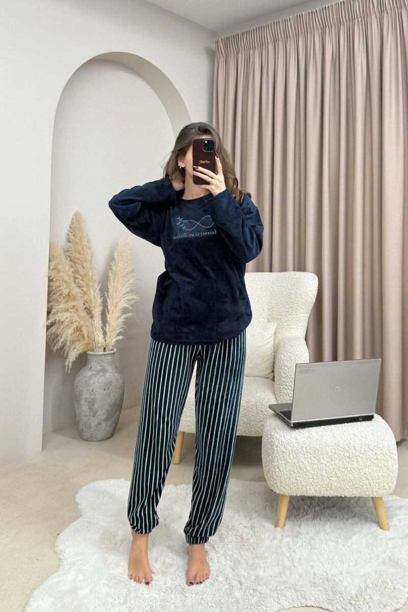 ROUND NECK FRONT DESIGN SWEATSHIRT+SWEATPANTS WOMEN PYJAMAS DARK BLUE/BEE - 2