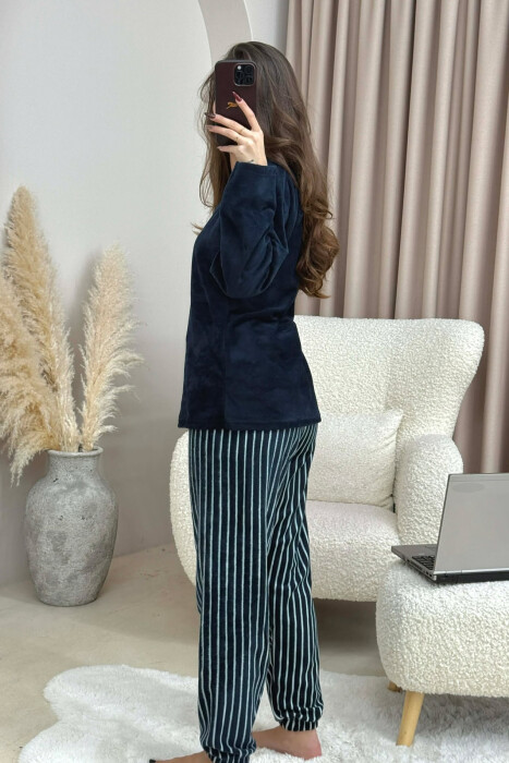 ROUND NECK FRONT DESIGN SWEATSHIRT+SWEATPANTS WOMEN PYJAMAS DARK BLUE/BEE - 4