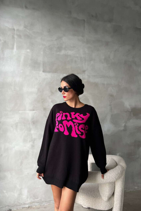 ROUND NECK FRONT WRITTING WOMEN SWEATER BLACK/ E ZEZE - 1