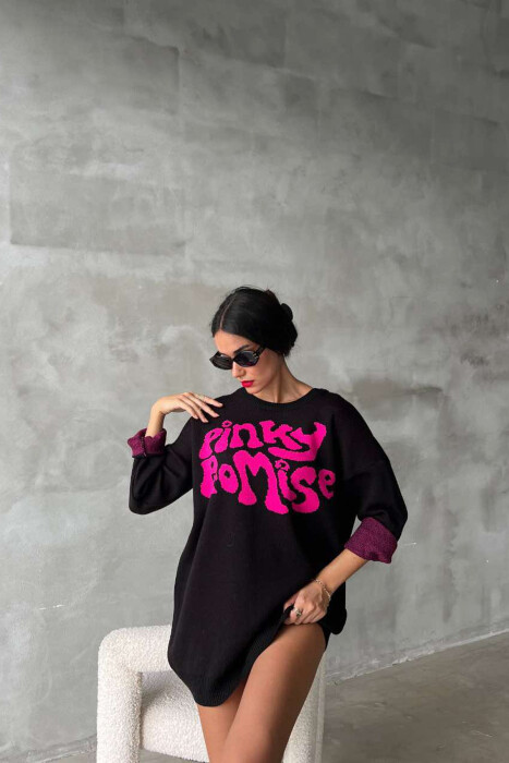 ROUND NECK FRONT WRITTING WOMEN SWEATER BLACK/ E ZEZE - 3