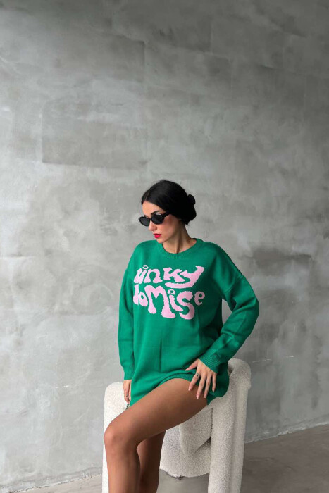 ROUND NECK FRONT WRITTING WOMEN SWEATER GREEN/JESHILE 