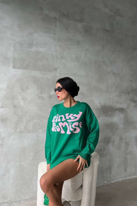 ROUND NECK FRONT WRITTING WOMEN SWEATER GREEN/JESHILE - 3