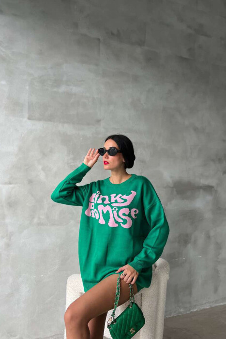 ROUND NECK FRONT WRITTING WOMEN SWEATER GREEN/JESHILE - 4