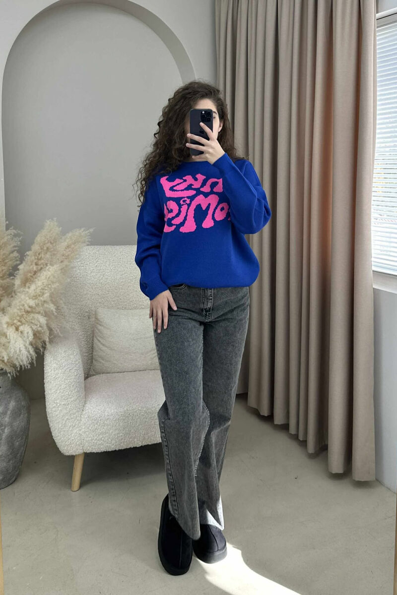 ROUND NECK FRONT WRITTING WOMEN SWEATER BLUE/BLU - 1