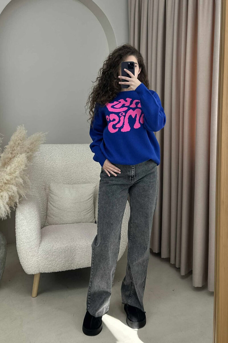 ROUND NECK FRONT WRITTING WOMEN SWEATER BLUE/BLU - 2