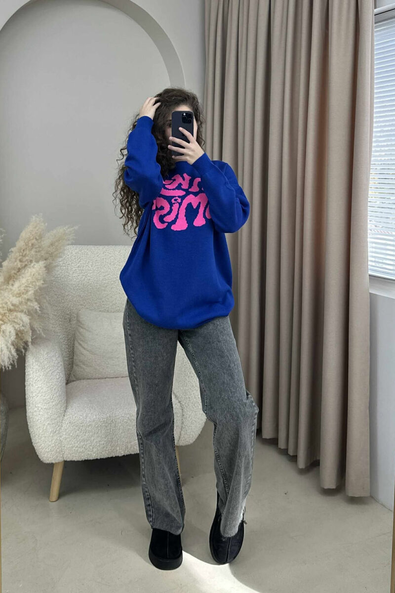 ROUND NECK FRONT WRITTING WOMEN SWEATER BLUE/BLU - 3