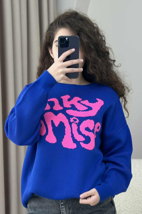 ROUND NECK FRONT WRITTING WOMEN SWEATER BLUE/BLU - 4