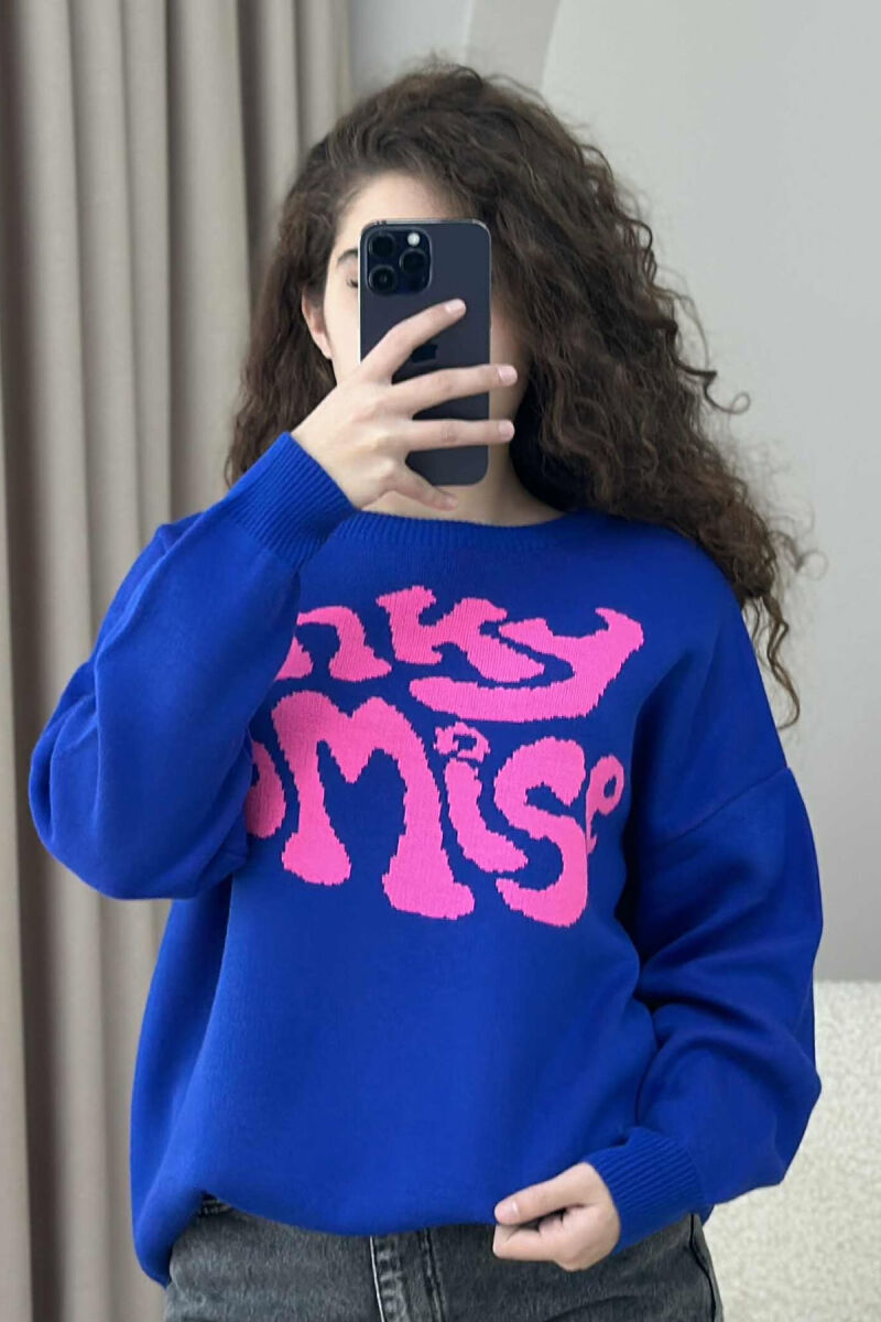 ROUND NECK FRONT WRITTING WOMEN SWEATER BLUE/BLU - 4