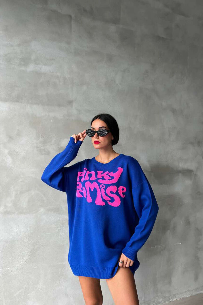 ROUND NECK FRONT WRITTING WOMEN SWEATER IN BLUE COLOR - 2