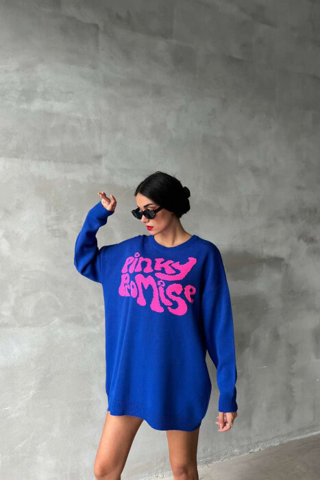 ROUND NECK FRONT WRITTING WOMEN SWEATER IN BLUE COLOR - 3