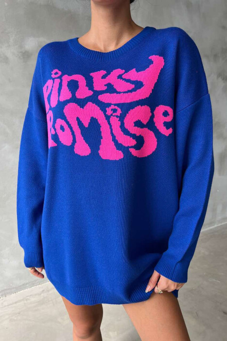 ROUND NECK FRONT WRITTING WOMEN SWEATER IN BLUE COLOR - 4