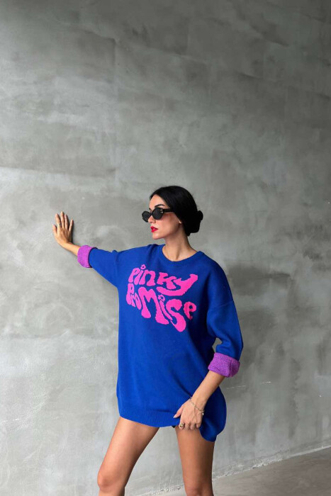 ROUND NECK FRONT WRITTING WOMEN SWEATER IN BLUE COLOR - 5