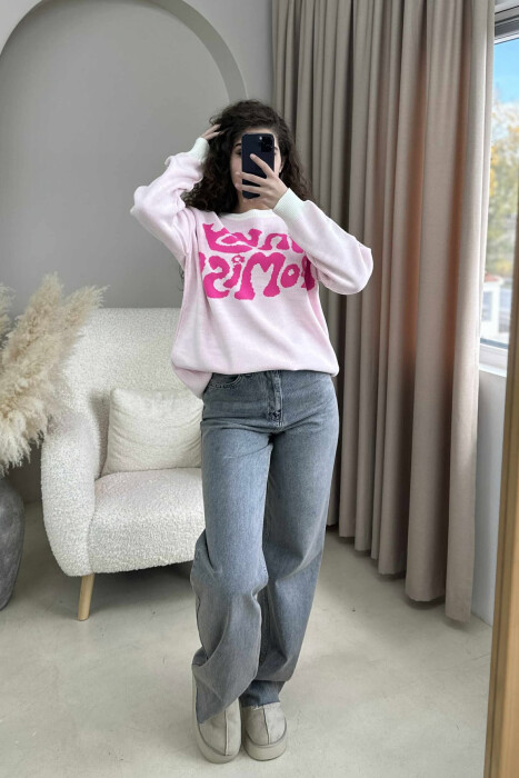 ROUND NECK FRONT WRITTING WOMEN SWEATER PINK/ROZE - 2