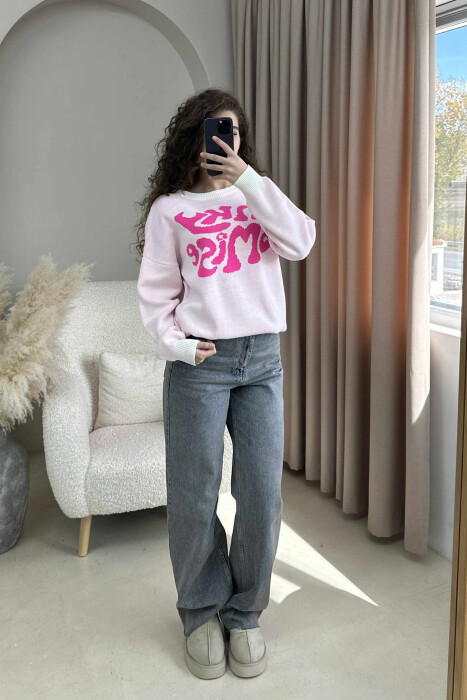 ROUND NECK FRONT WRITTING WOMEN SWEATER PINK/ROZE - KLAUDIO FASHION