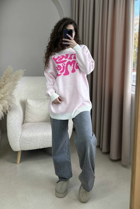 ROUND NECK FRONT WRITTING WOMEN SWEATER PINK/ROZE - 3