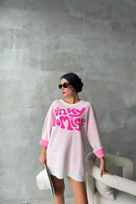 ROUND NECK FRONT WRITTING WOMEN SWEATER IN PINK COLOR - 1