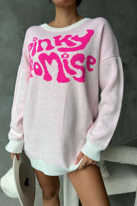 ROUND NECK FRONT WRITTING WOMEN SWEATER IN PINK COLOR - 2