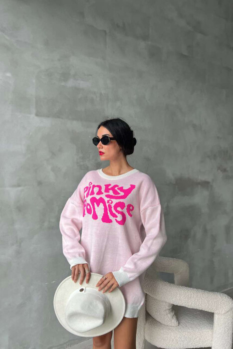 ROUND NECK FRONT WRITTING WOMEN SWEATER IN PINK COLOR - 3