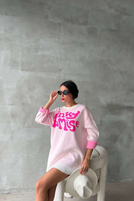 ROUND NECK FRONT WRITTING WOMEN SWEATER IN PINK COLOR - 5