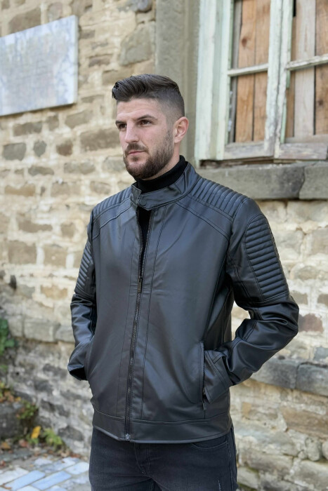 ROUND NECK FRONT ZIP LEATHER MEN JACKET WITH ZIPPER ON SLEEVES BLACK/ E ZEZE - 3