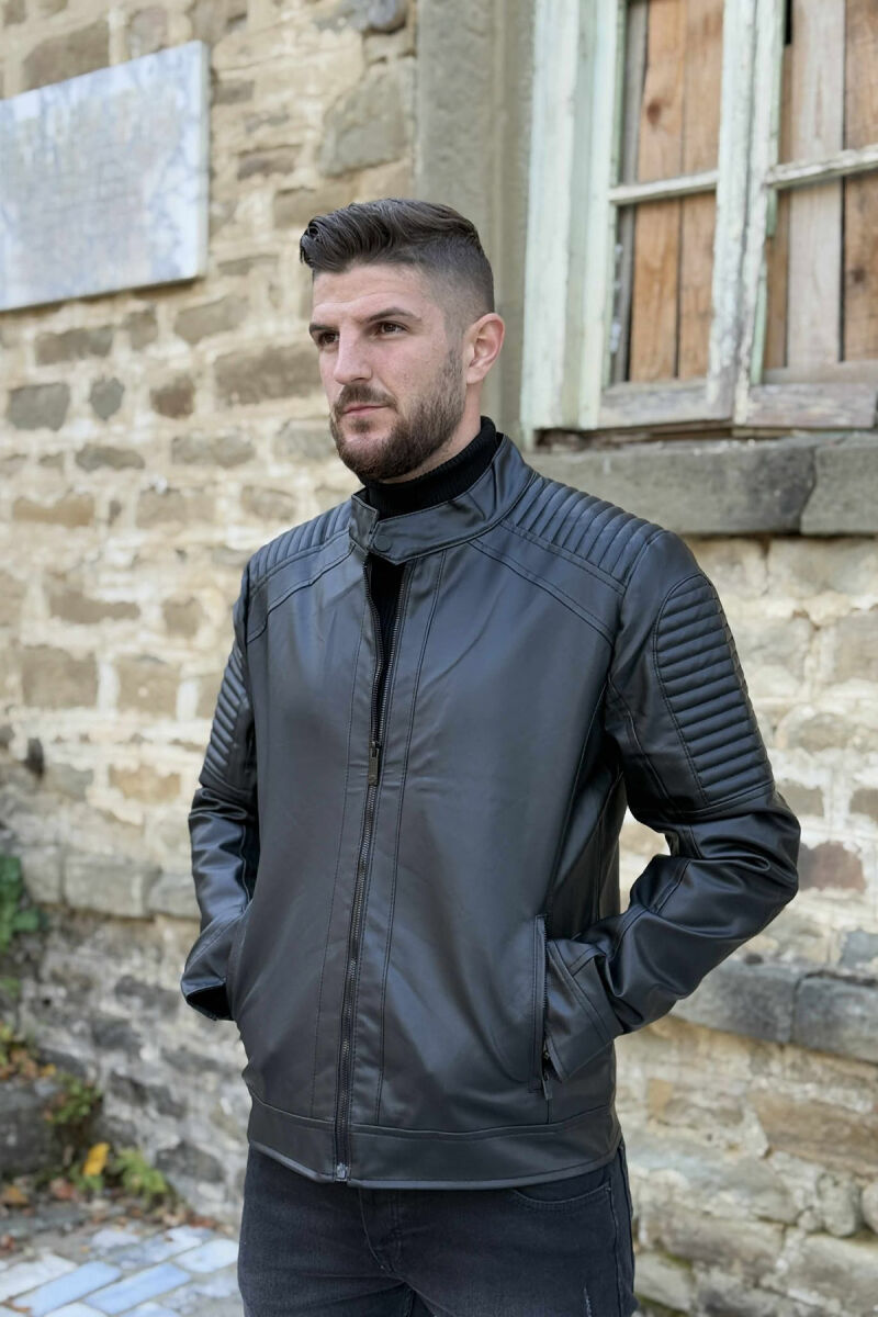 ROUND NECK FRONT ZIP LEATHER MEN JACKET WITH ZIPPER ON SLEEVES BLACK/ E ZEZE - 3