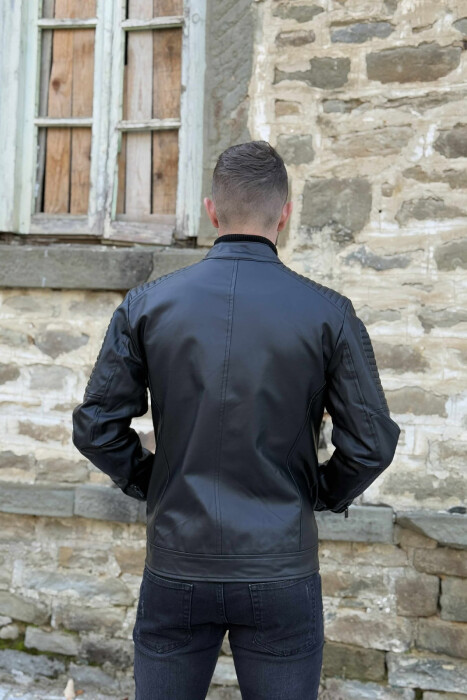 ROUND NECK FRONT ZIP LEATHER MEN JACKET WITH ZIPPER ON SLEEVES BLACK/ E ZEZE - 5