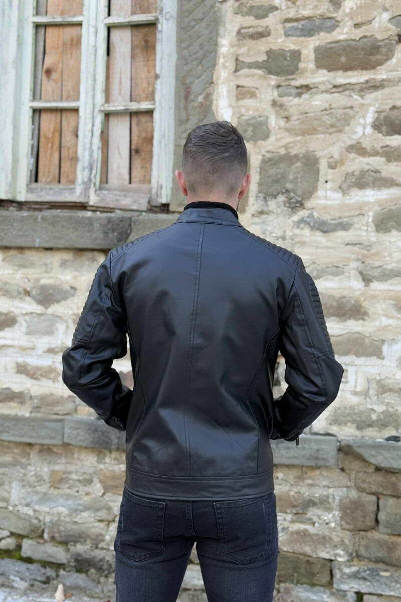 ROUND NECK FRONT ZIP LEATHER MEN JACKET WITH ZIPPER ON SLEEVES BLACK/ E ZEZE - 5