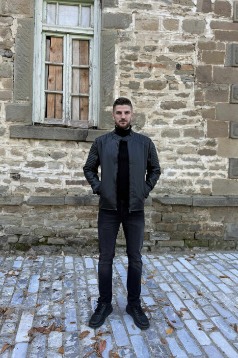 ROUND NECK FRONT ZIP LEATHER MEN JACKET WITH ZIPPER ON SLEEVES BLACK/ E ZEZE - 6