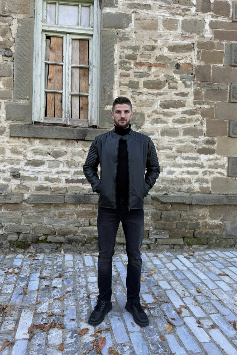 ROUND NECK FRONT ZIP LEATHER MEN JACKET WITH ZIPPER ON SLEEVES BLACK/ E ZEZE - 6