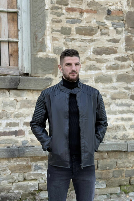 ROUND NECK FRONT ZIP LEATHER MEN JACKET WITH ZIPPER ON SLEEVES BLACK/ E ZEZE - KLAUDIO FASHION