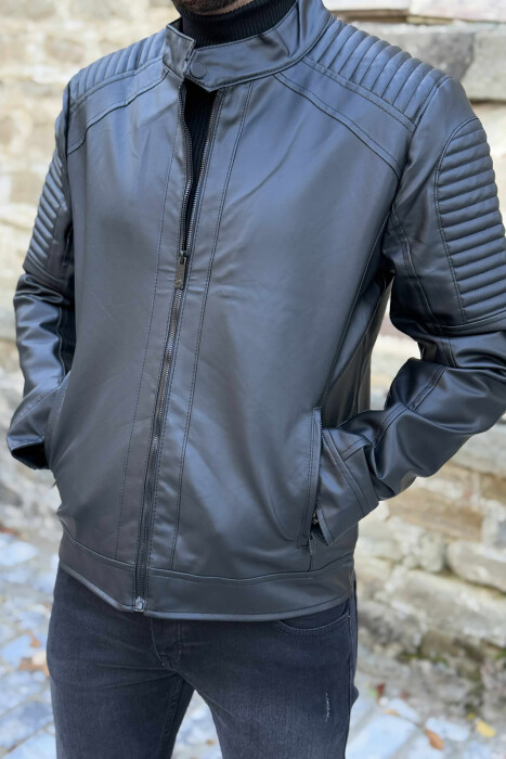 ROUND NECK FRONT ZIP LEATHER MEN JACKET WITH ZIPPER ON SLEEVES BLACK/ E ZEZE - KLAUDIO FASHION