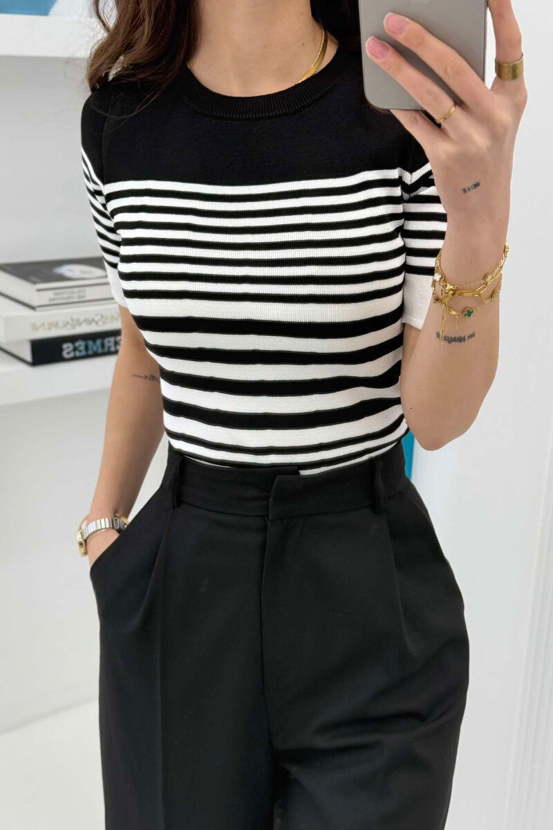 ROUND NECK HALF STRIPE DESIGN WOMEN T-SHIRT BLACK-WHITE/ZEBA - 3