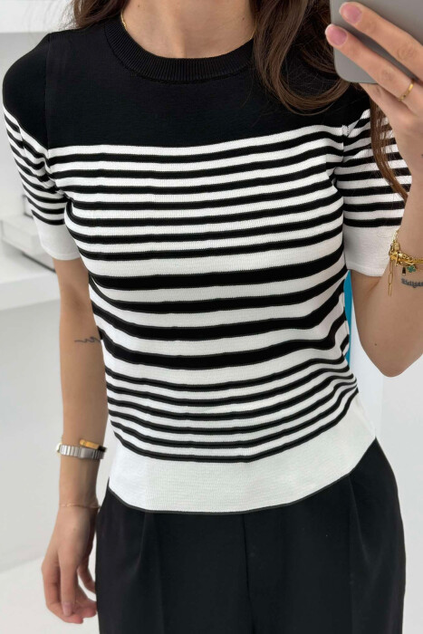 ROUND NECK HALF STRIPE DESIGN WOMEN T-SHIRT BLACK-WHITE/ZEBA - 4