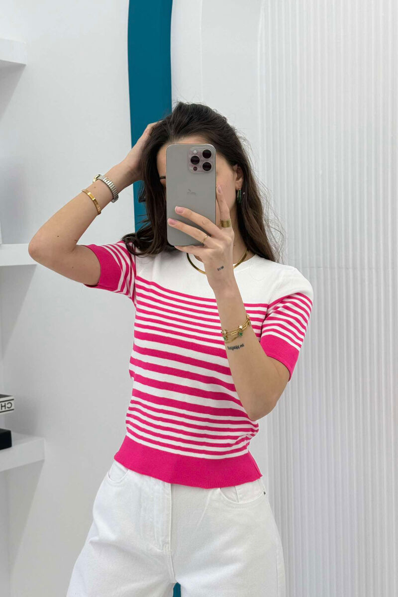 ROUND NECK HALF STRIPE DESIGN WOMEN T-SHIRT FUCHSIA/CIKLAMI - 2