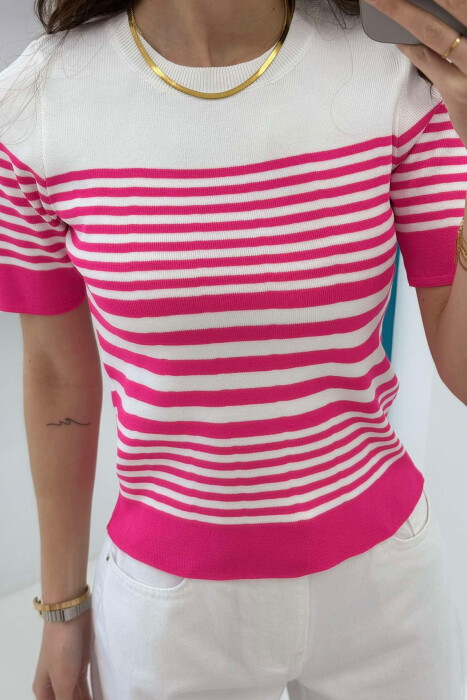ROUND NECK HALF STRIPE DESIGN WOMEN T-SHIRT FUCHSIA/CIKLAMI - 4