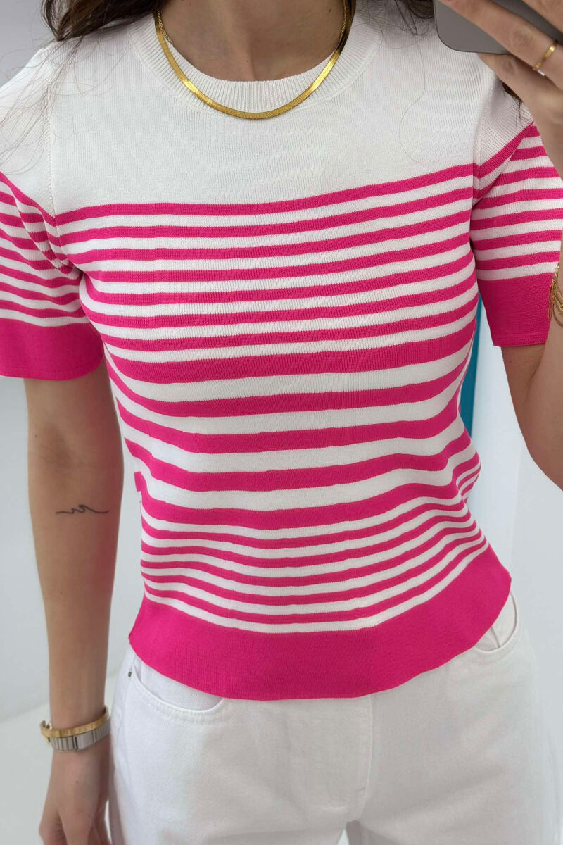 ROUND NECK HALF STRIPE DESIGN WOMEN T-SHIRT FUCHSIA/CIKLAMI - 4