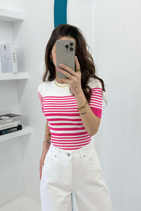 ROUND NECK HALF STRIPE DESIGN WOMEN T-SHIRT FUCHSIA/CIKLAMI - 5