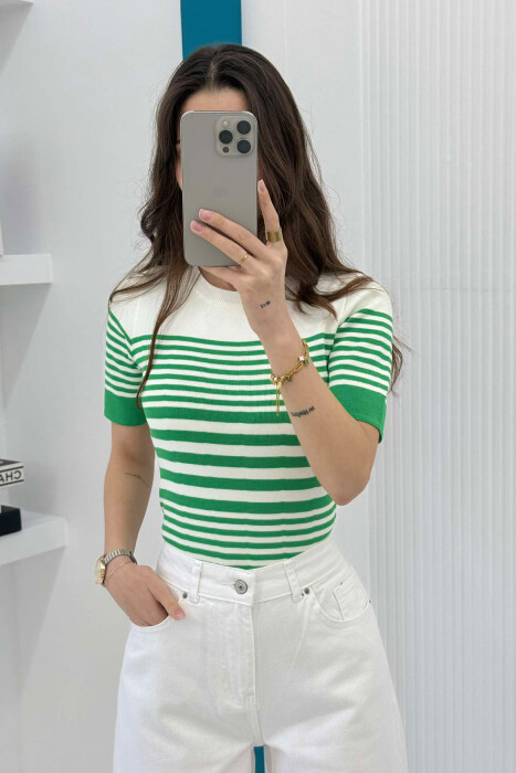 ROUND NECK HALF STRIPE DESIGN WOMEN T-SHIRT GREEN/JESHILE 