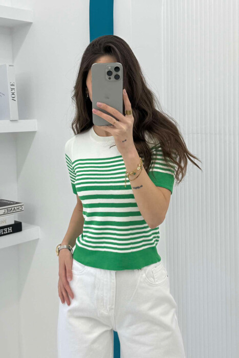ROUND NECK HALF STRIPE DESIGN WOMEN T-SHIRT GREEN/JESHILE - 2