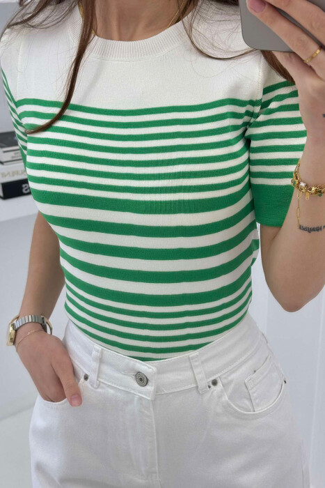 ROUND NECK HALF STRIPE DESIGN WOMEN T-SHIRT GREEN/JESHILE - 4