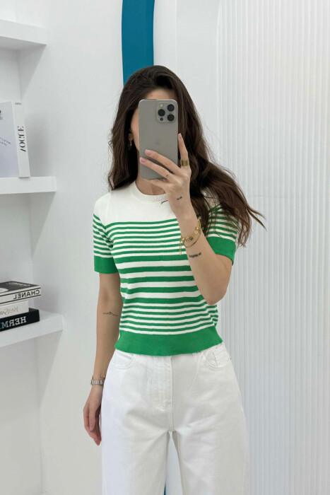 ROUND NECK HALF STRIPE DESIGN WOMEN T-SHIRT GREEN/JESHILE - 5