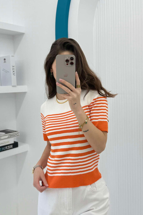 ROUND NECK HALF STRIPE DESIGN WOMEN T-SHIRT ORANGE/PORTOKALLI 