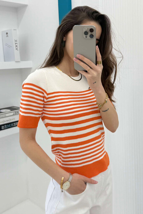ROUND NECK HALF STRIPE DESIGN WOMEN T-SHIRT ORANGE/PORTOKALLI - 2
