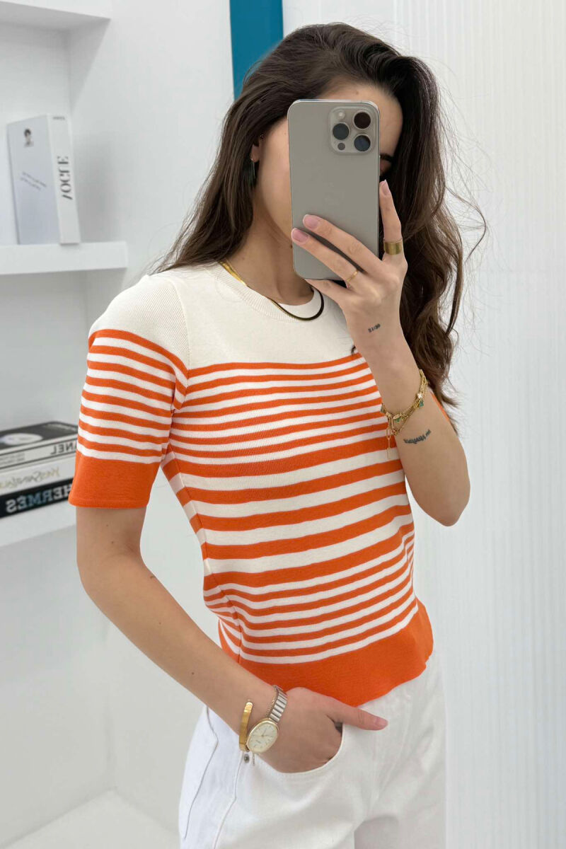 ROUND NECK HALF STRIPE DESIGN WOMEN T-SHIRT ORANGE/PORTOKALLI - 2