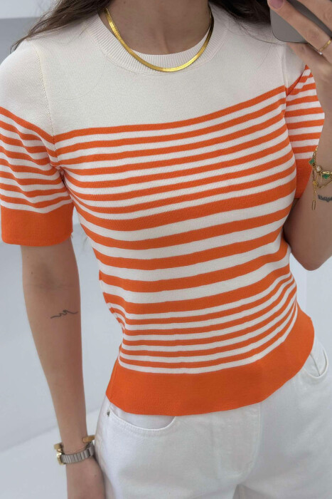 ROUND NECK HALF STRIPE DESIGN WOMEN T-SHIRT ORANGE/PORTOKALLI - 3