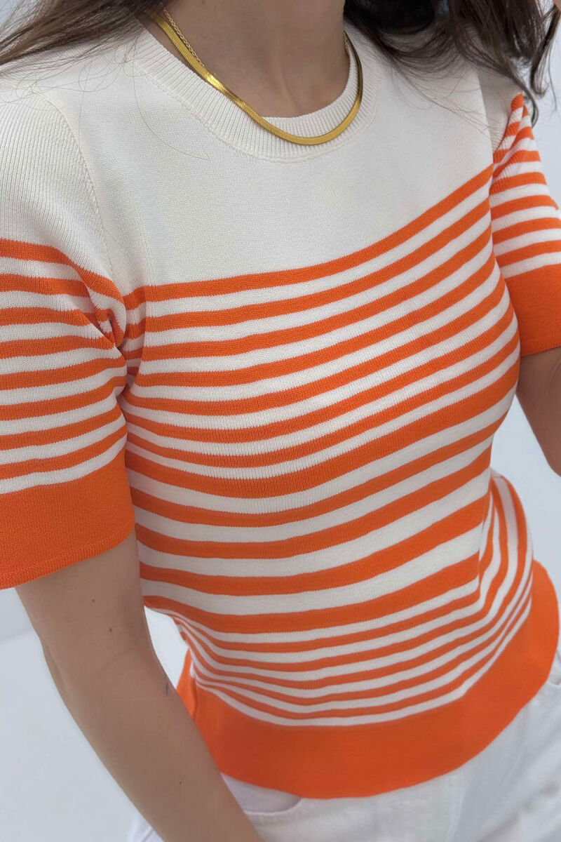 ROUND NECK HALF STRIPE DESIGN WOMEN T-SHIRT ORANGE/PORTOKALLI - 4