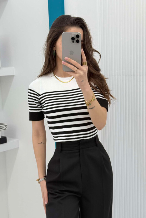 ROUND NECK HALF STRIPE DESIGN WOMEN T-SHIRT WHITE-BLACK/BAZE 