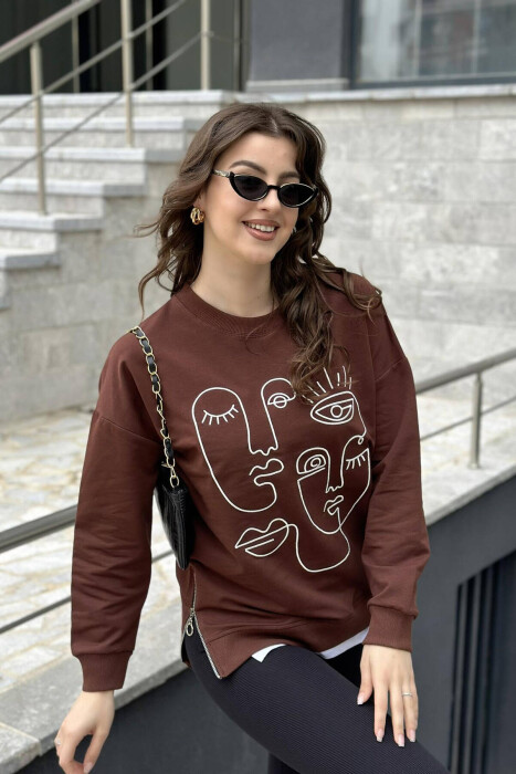 ROUND NECK IMAGE COTTON WOMAN SWEATSHIRT BROWN/KAFE - 1